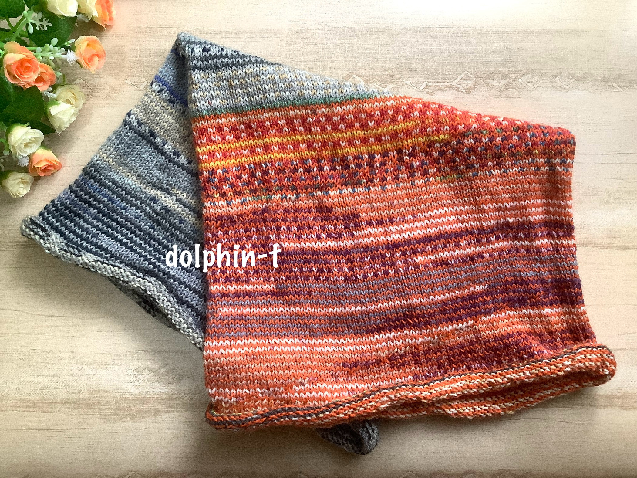 オパール毛糸とソックヤーンの腹巻き帽子　スヌード　ネックウォーマー　手編み　#15