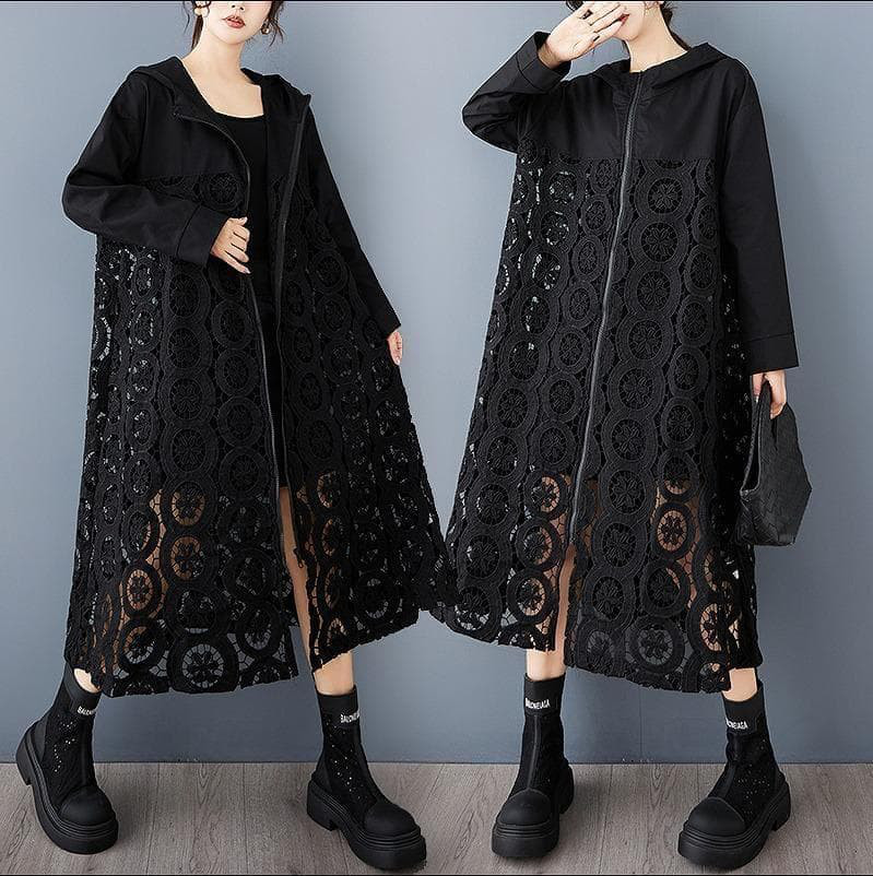 新品 大きいサイズ 春 秋冬 黒 レース フード コート ジッパー 羽織り　js