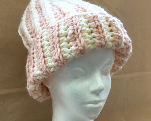 ニット帽 帽子 ホワイト ピンク ストライプ 毛糸 手編み 秋 冬 ニット