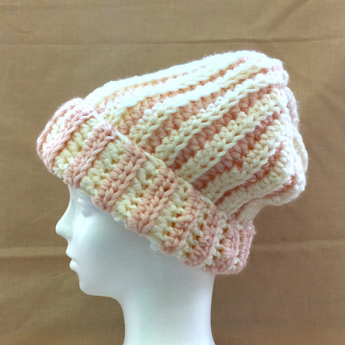 ニット帽 帽子 ホワイト ピンク ストライプ 毛糸 手編み 秋 冬 ニット