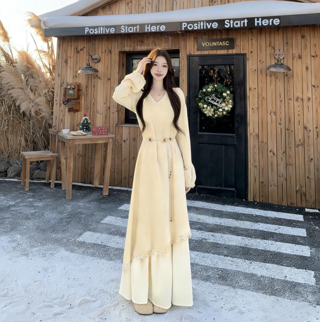 新品 秋冬 大きいサイズ Aライン長袖ワンピース ベルト付　ツーピース風j