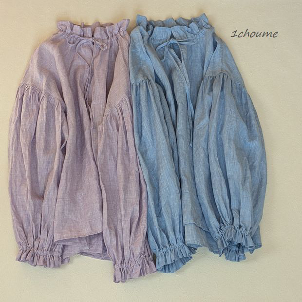 スタンドフリル　バルーンスリーブ　ブラウス　シャーベットカラー　フレンチリネン