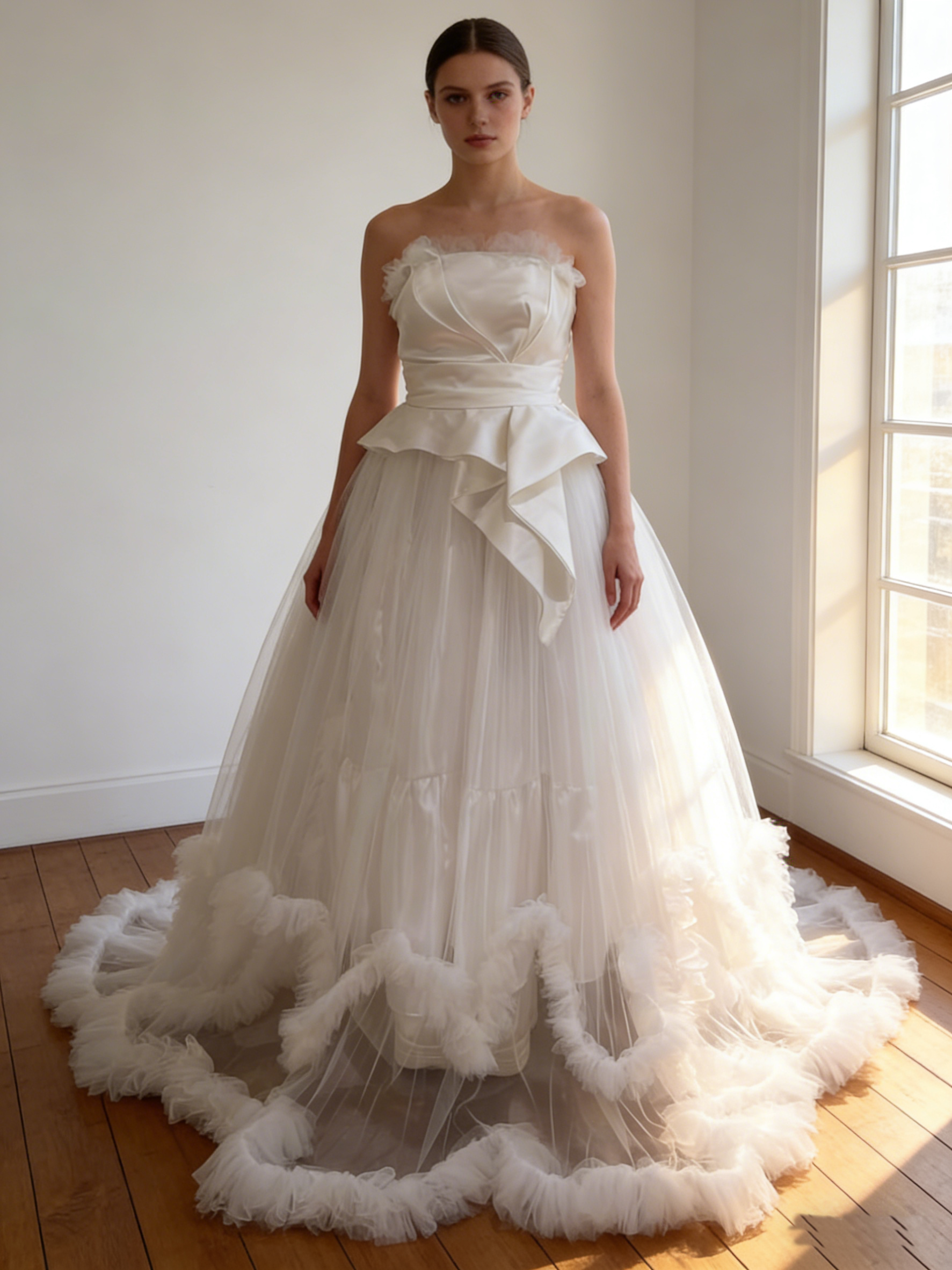 ウエディングドレス オフホワイト ふっくら柔らかなバックリボン  ビスチェドレス ソフトチュール 結婚式