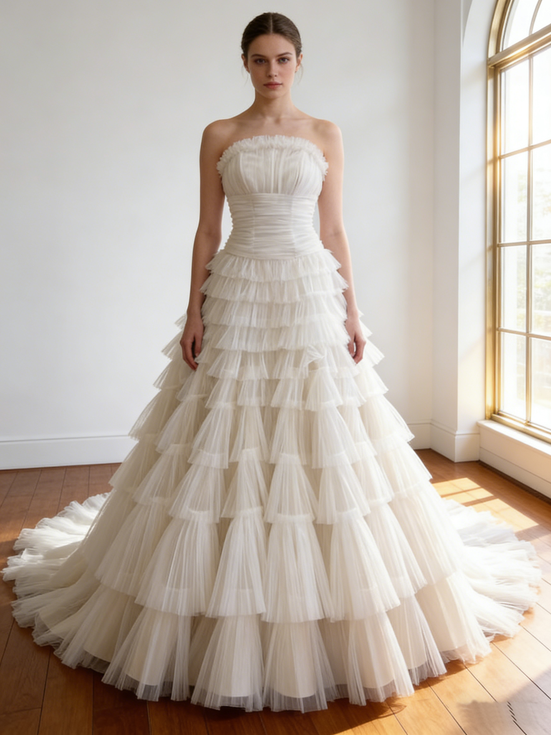 ウエディングドレス  オフホワイト ビスチェドレス  柔らかく重ねたチュールスカート 華やかなトレーン 花嫁