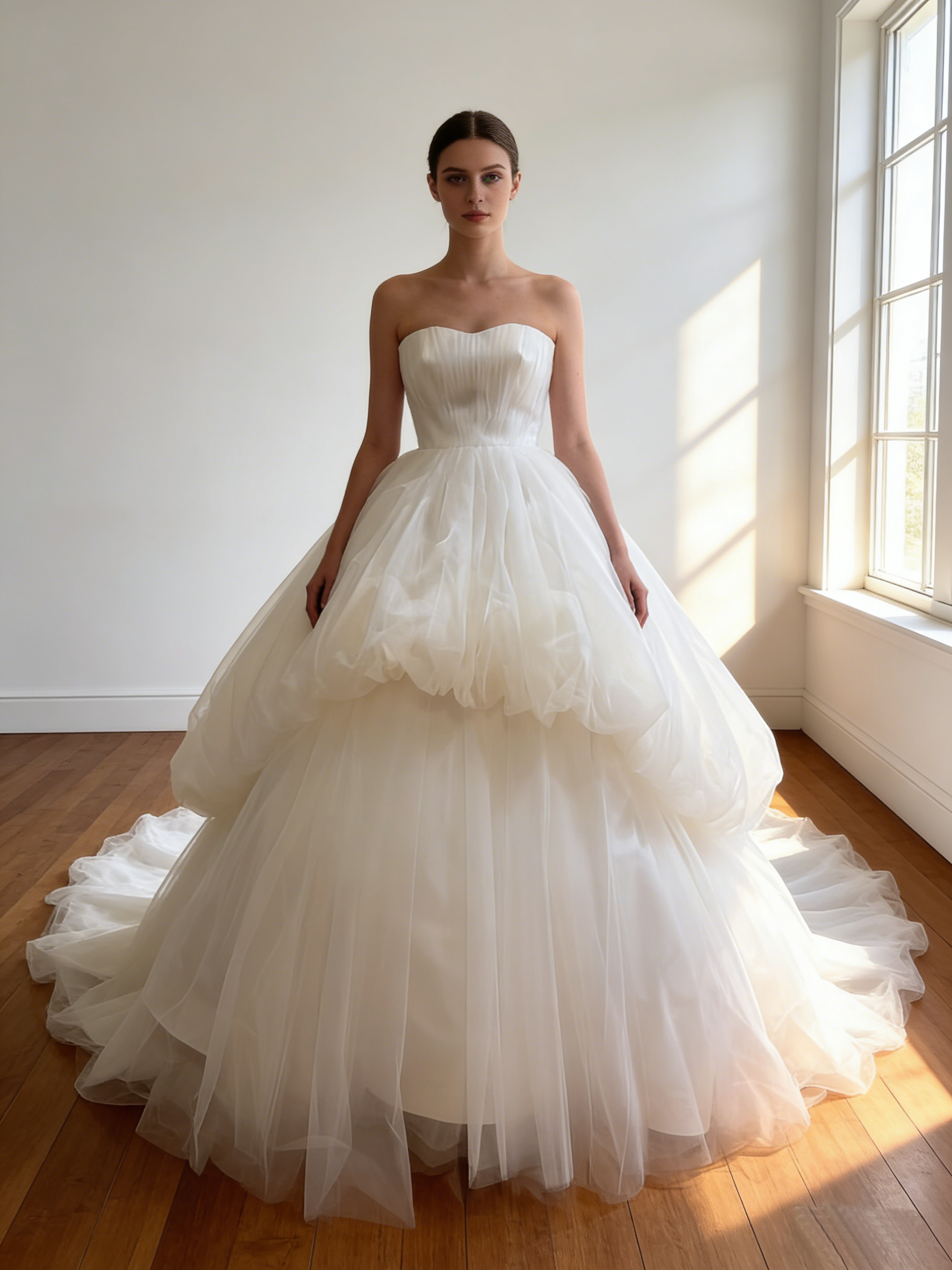 ウエディングドレス  オフホワイト  ビスチェドレス  ソフトチュール  華やかなトレーン  ビスチェドレス  結婚式