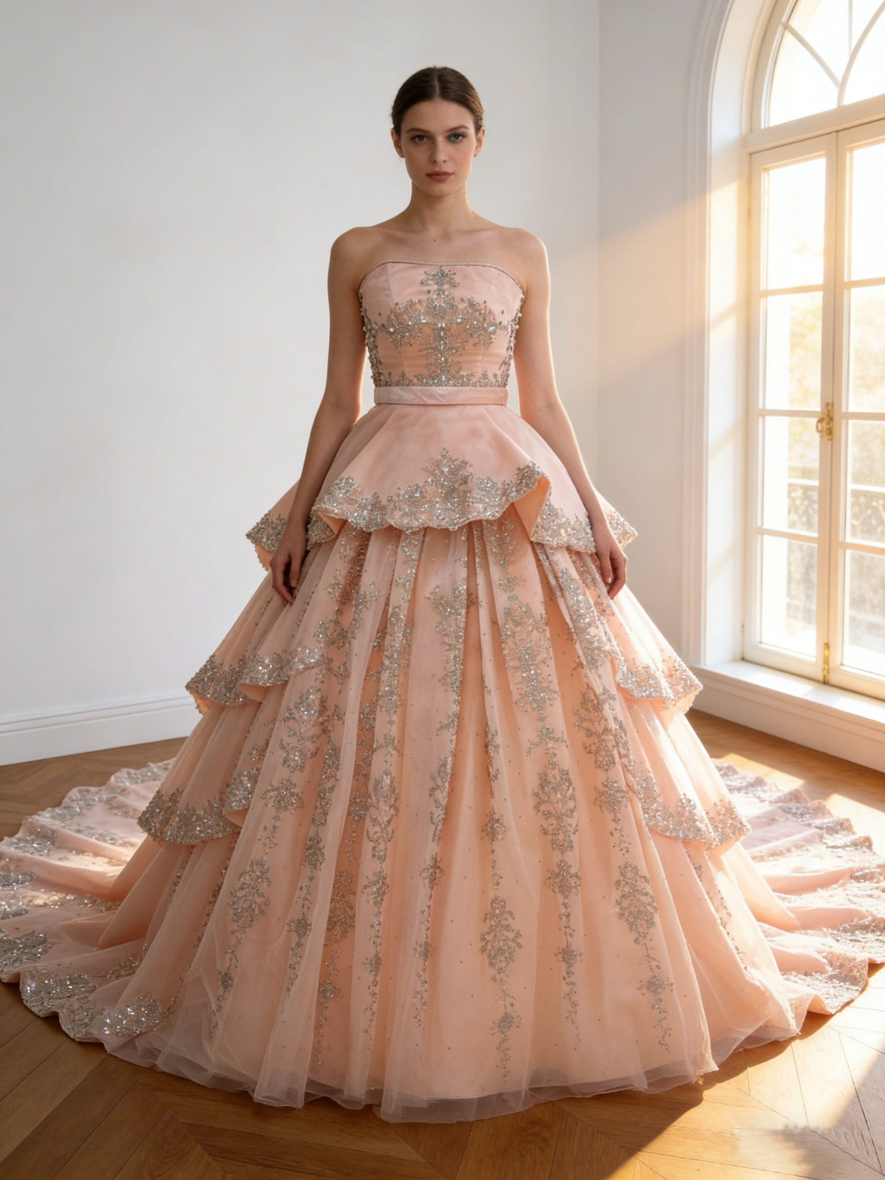 カラードレス  ピンク ビスチェドレス  キラキラ光る刺繍   レイヤードドレス 華やかなトレーン ブライダル