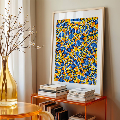 ゼンタングル アートポスター 抽象画 青 黄色 マンダラ モザイク 海外