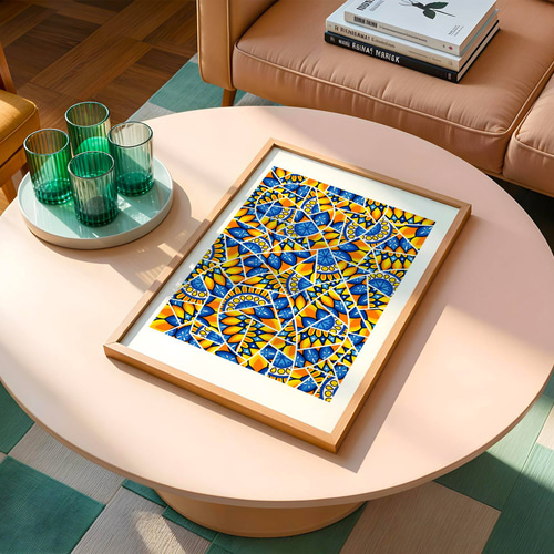 ゼンタングル アートポスター 抽象画 青 黄色 マンダラ モザイク 海外