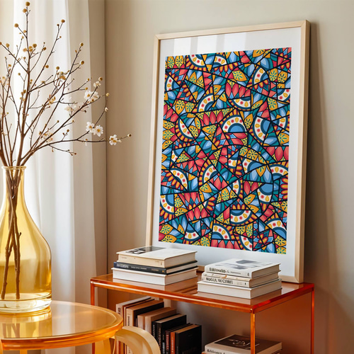 インテリア　アート ゼンタングル アートポスター 抽象画 ステンドグラス風 マンダラ 海外