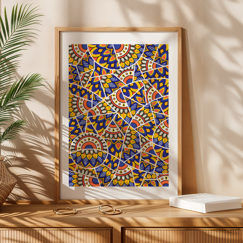 ゼンタングル アートポスター 抽象画 マット 青 黄色 イタリアン