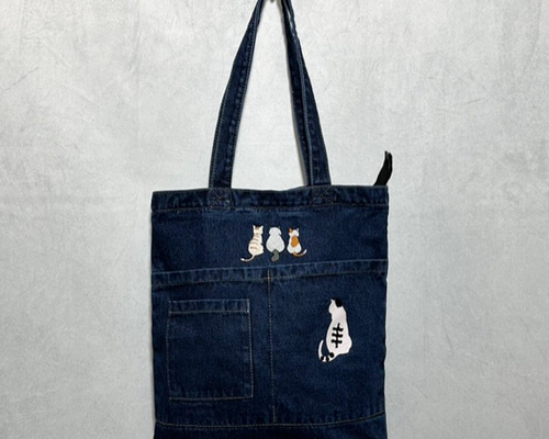 背中猫の刺繍 内ポケット付き ZIP式 デニムトートバッグ A4 レディース