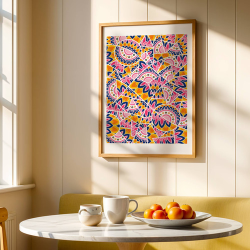 ゼンタングル アートポスター 抽象画 フェミニン ピンク 黄色 マンダラ