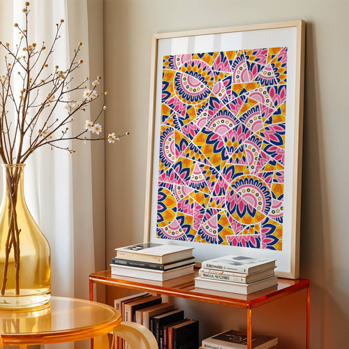 ゼンタングル アートポスター 抽象画 フェミニン ピンク 黄色 マンダラ