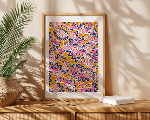 ゼンタングル アートポスター 抽象画 フェミニン ピンク 黄色 マンダラ
