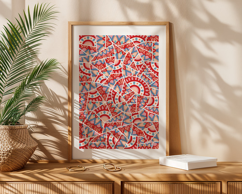 ゼンタングル アートポスター 抽象画 フェミニン 赤 花柄 マンダラ