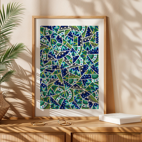ゼンタングル アートポスター 抽象画 孔雀グリーン 青 マンダラ 海外