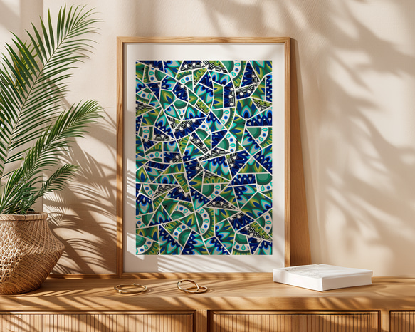 ゼンタングル アートポスター 抽象画 孔雀グリーン 青 マンダラ 海外