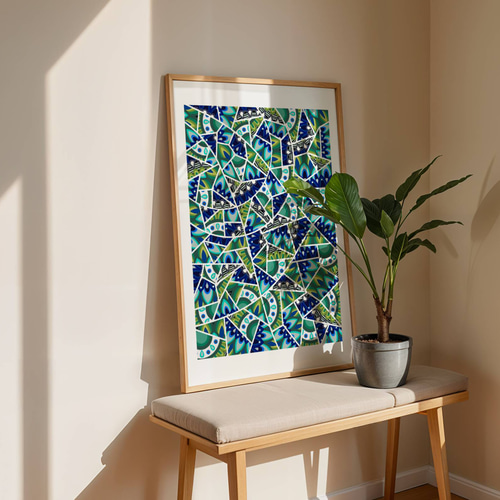 ゼンタングル アートポスター 抽象画 孔雀グリーン 青 マンダラ 海外