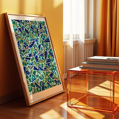 ゼンタングル アートポスター 抽象画 孔雀グリーン 青 マンダラ 海外