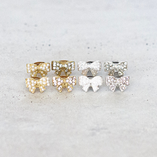 本末転倒ピアス リボン パール ビジュー ラインストーン クリスタル