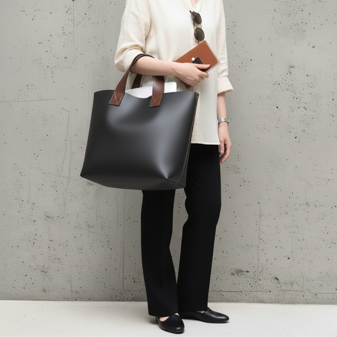 レッスンバッグトート｜ブラックxブラウン　イタリアンレザー植物タンニンなめし革｜A4対応・太めハンドル・セミオーダ