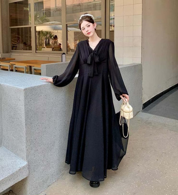 新品 秋冬 大きいサイズ 黒 ロングワンピース シフォン 3XL 40代 t