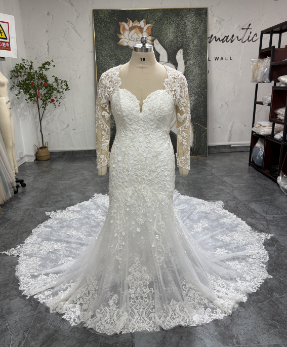 美品　シースルー袖　マーメイドドレス　エレガントなシルエット　レース付き　チュール　背中見せ　サイズオーダー可能高品質