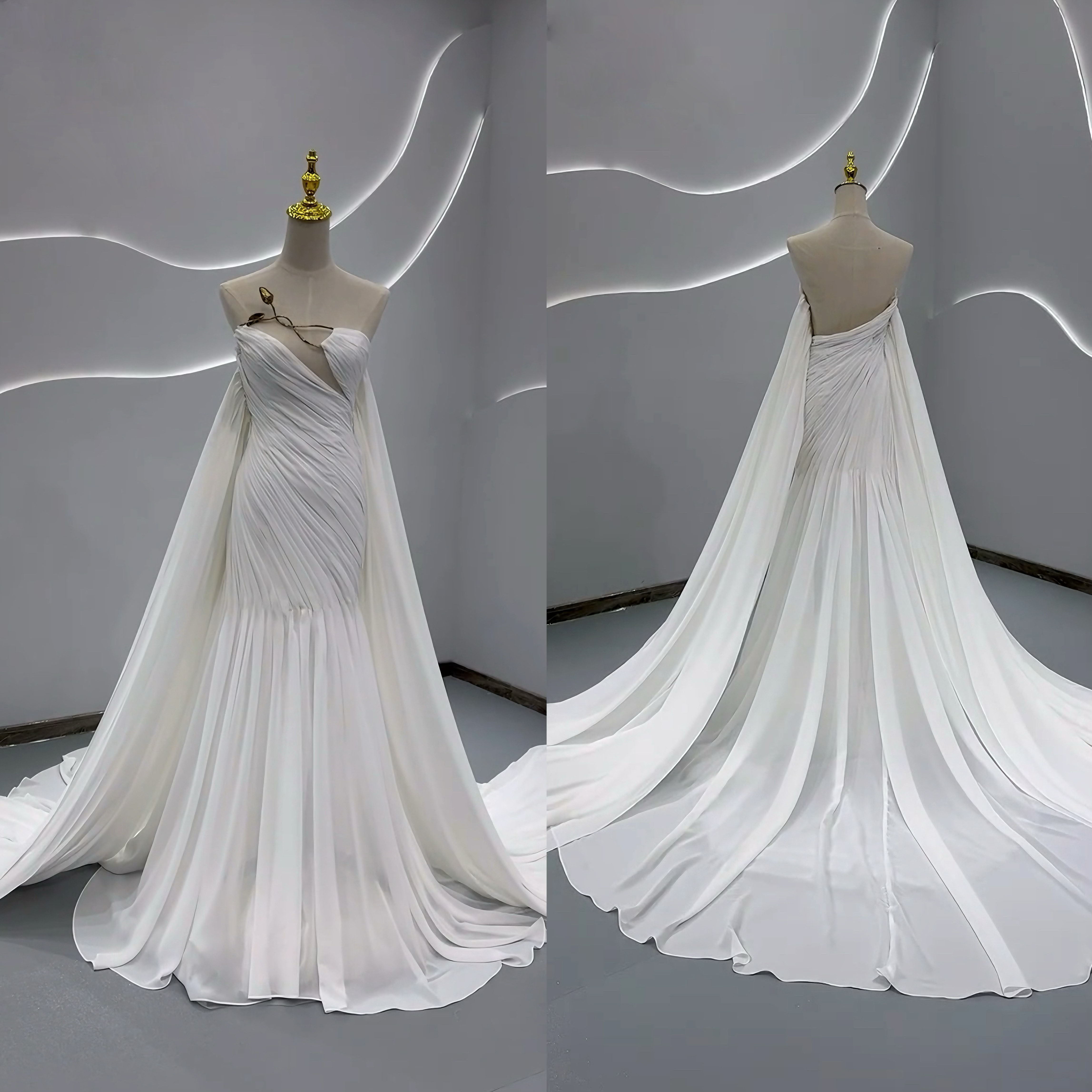 高級感！アシメドレス　ホワイト白　胸フリル　お色直し　華やかなトレーン　上品デコルテ　パーディードレス発表会演奏会2次会