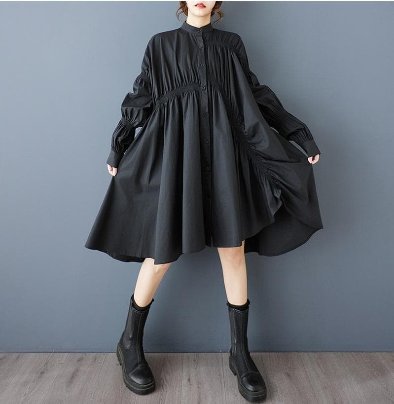 新品 プリーツ シャツワンピース 黒 レトロ ゆったり ミディ丈　秋冬　長袖ｄ