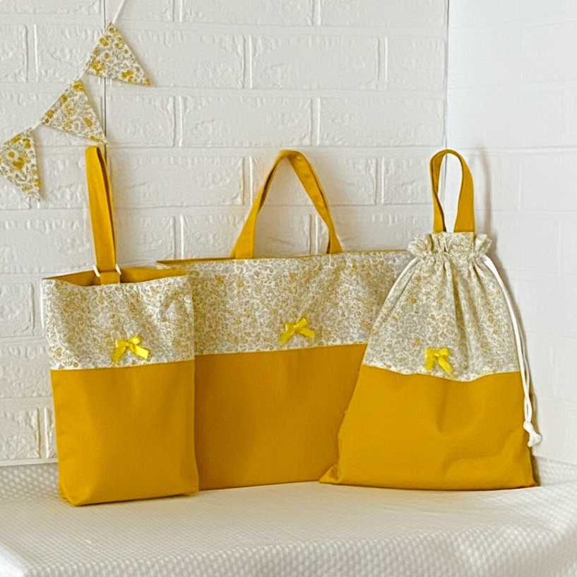 選べる4カラー　小花柄　入園入学　3点セット　黄色　イエロー　ニュアンスカラー　【315】