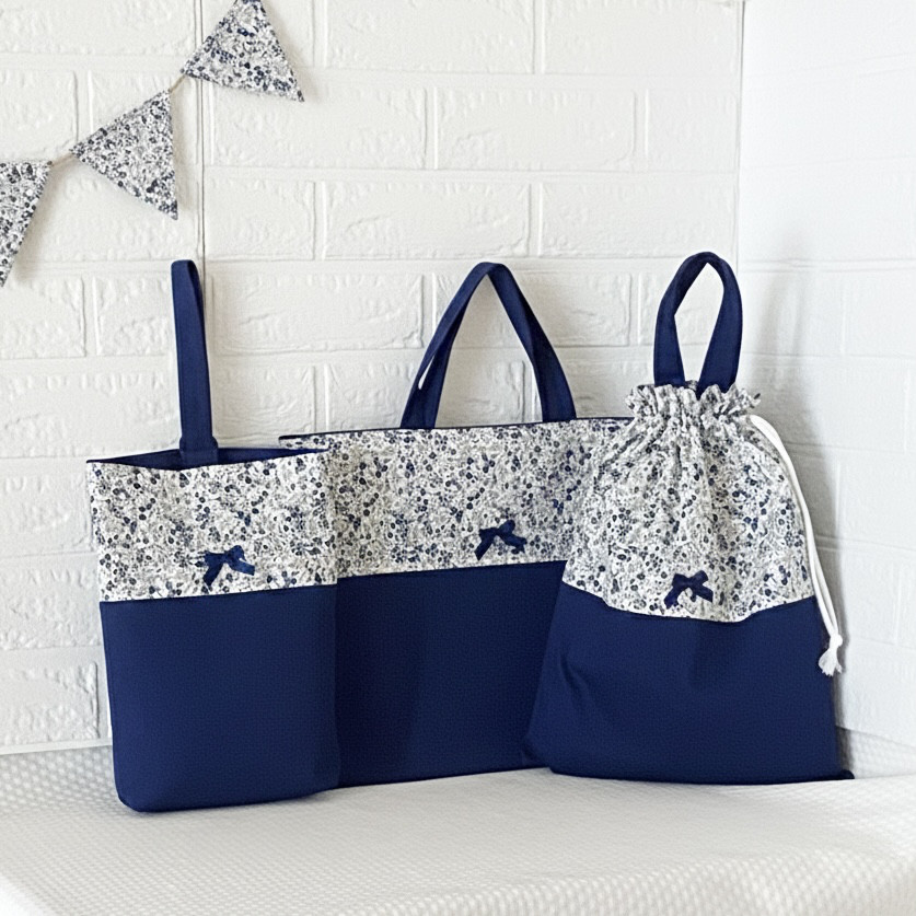 選べる4カラー　小花柄　入園入学　3点セット　ネイビー　ニュアンスカラー　【316】