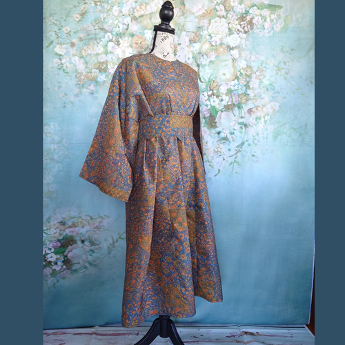 d94 ヘンリーネックワンピース リボン付き 着物リメイク 着物