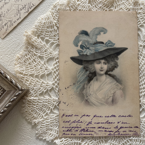 アンティークポストカード ハットが素敵なマダム フランス 額装