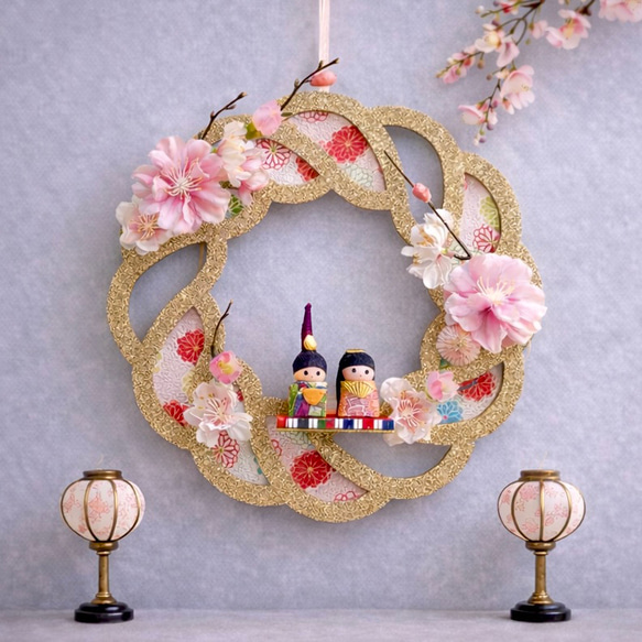 桃の節句》桃の花のお雛様リース（直径20cm）毎年飾れるアーティ