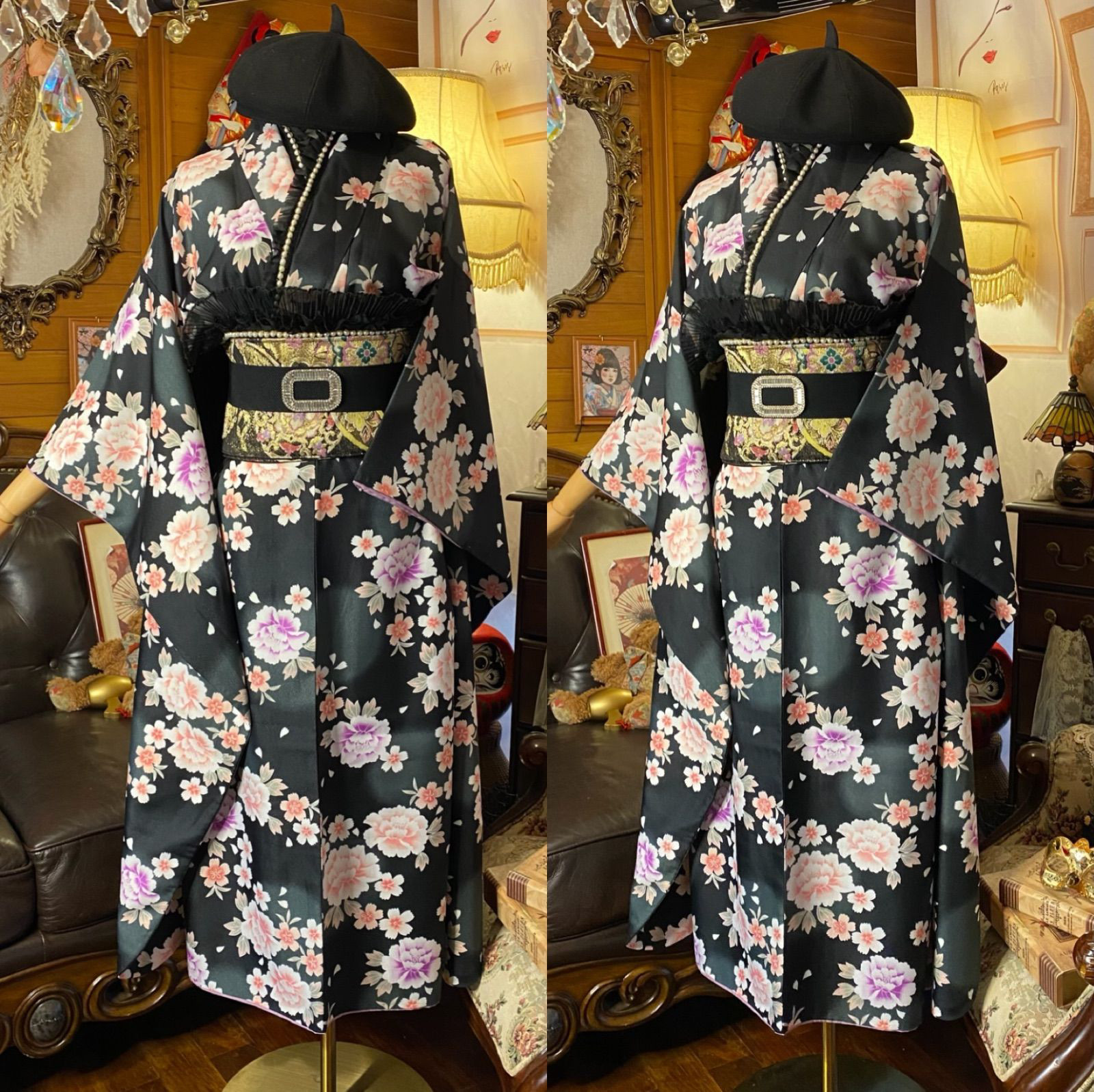 振袖 着物 ロングワンピース ドレス 2部式ローズ/バラ作り帯 リメイク 洗える 化繊 和洋折衷 FKW-43