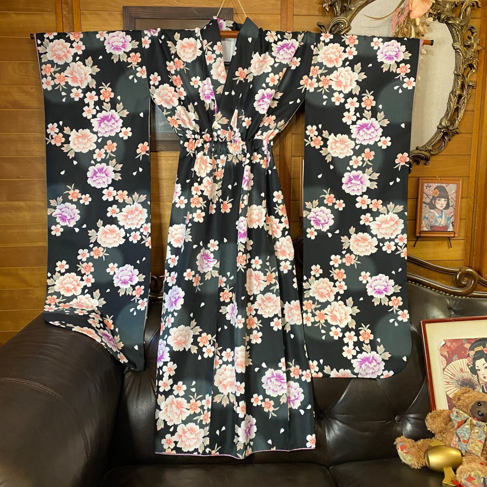 振袖 着物 ロングワンピース ドレス 2部式ローズ/バラ作り帯 リメイク 洗える 化繊 和洋折衷 FKW-43