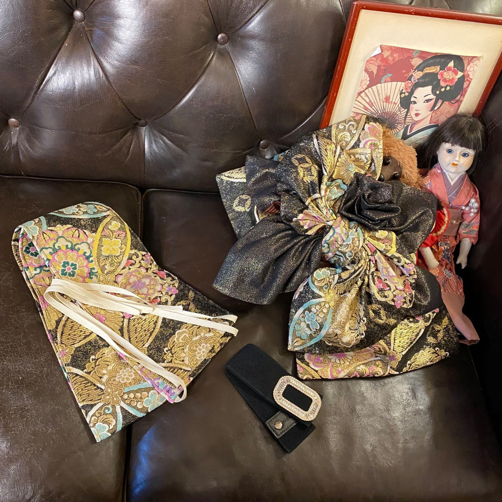 振袖 着物 ロングワンピース ドレス 2部式ローズ/バラ作り帯 リメイク 洗える 化繊 和洋折衷 FKW-43