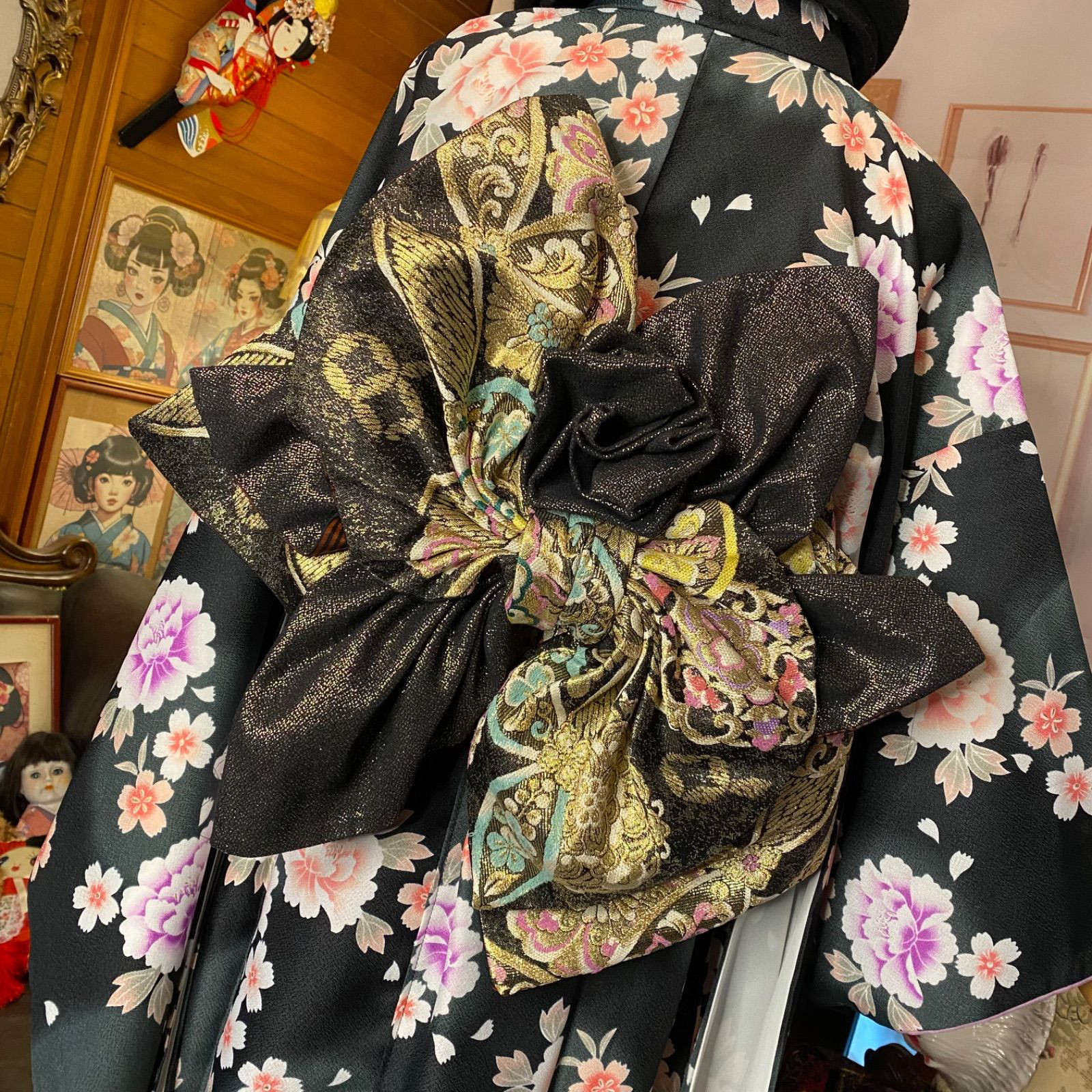 振袖 着物 ロングワンピース ドレス 2部式ローズ/バラ作り帯 リメイク 洗える 化繊 和洋折衷 FKW-43