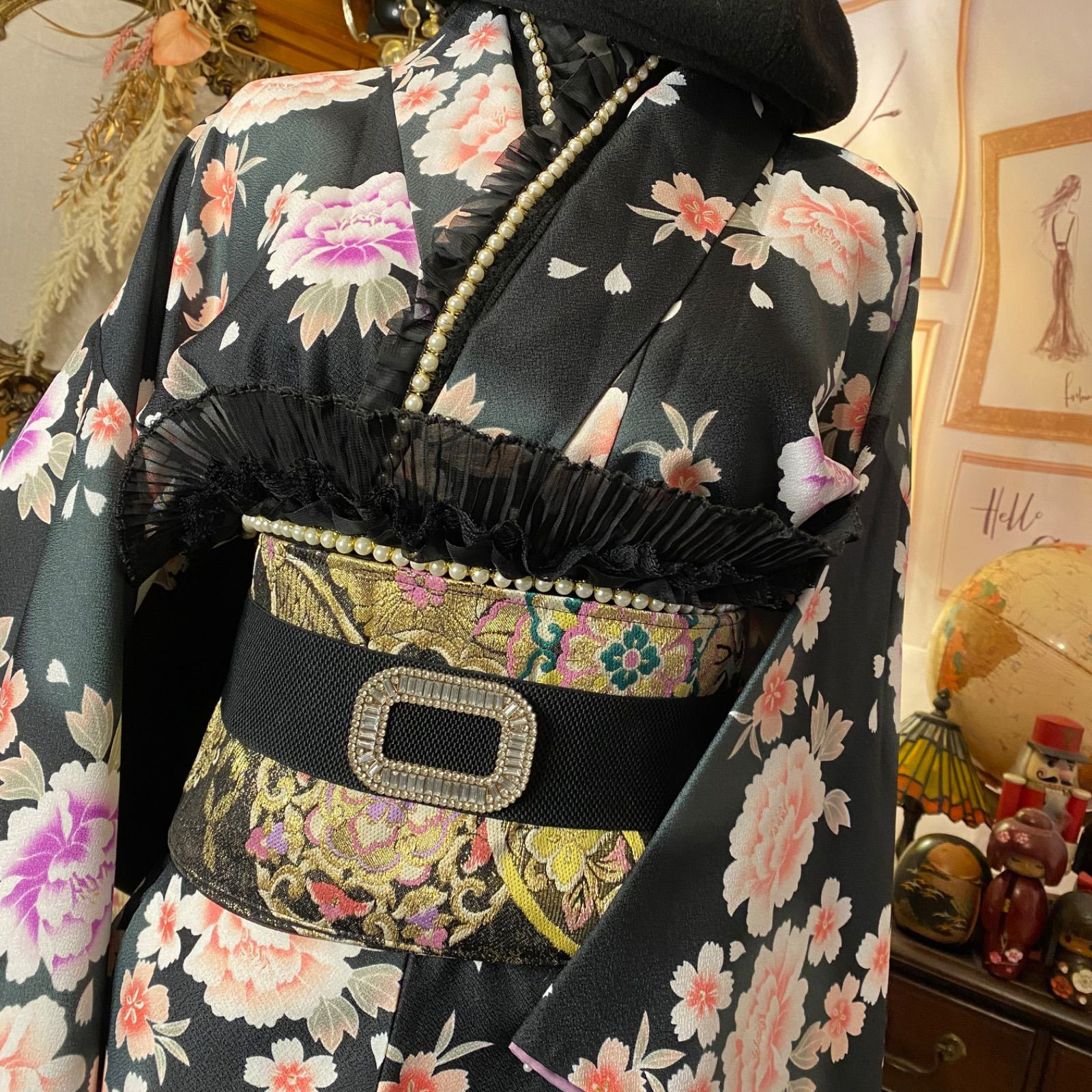 振袖 着物 ロングワンピース ドレス 2部式ローズ/バラ作り帯 リメイク 洗える 化繊 和洋折衷 FKW-43