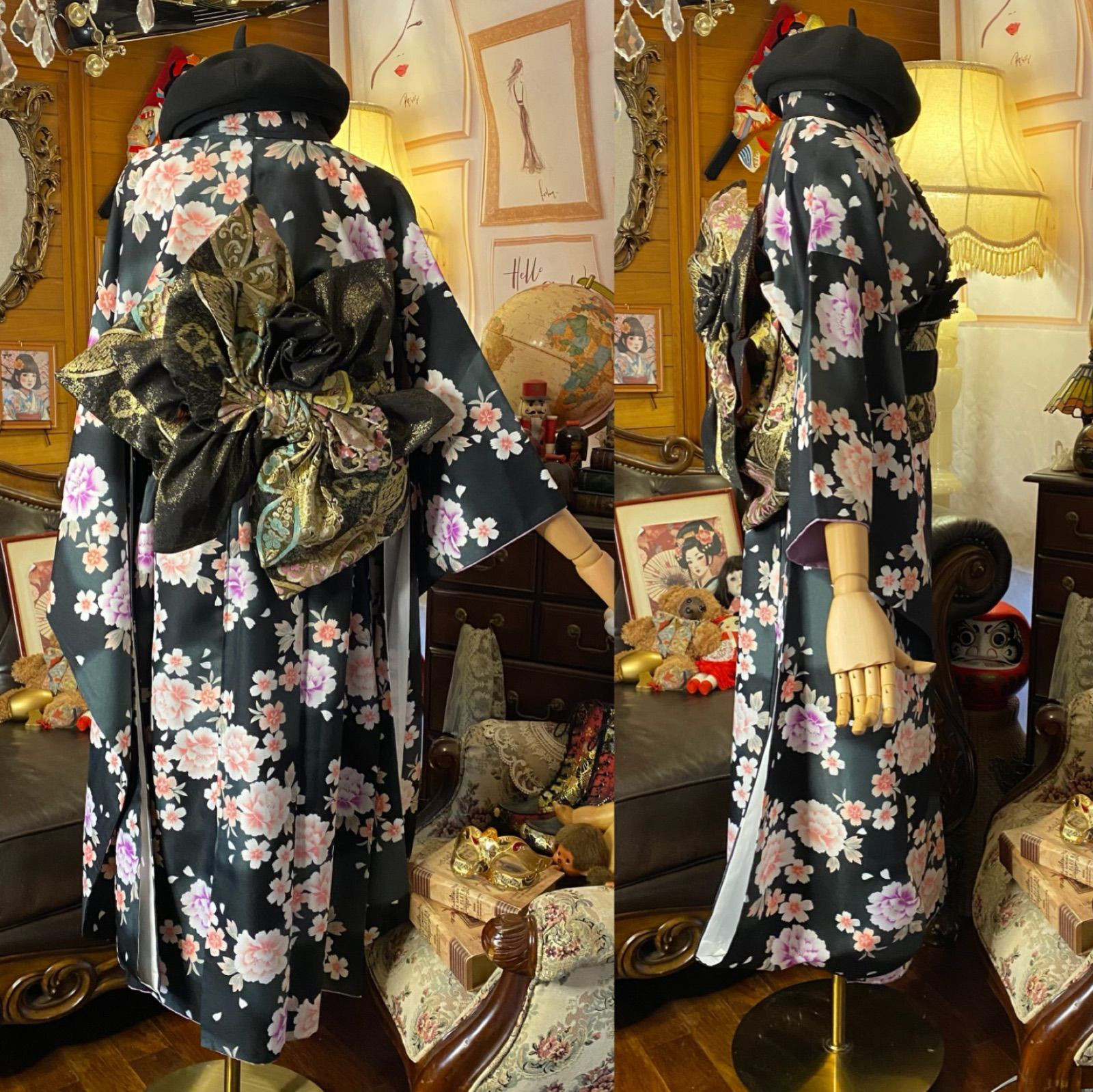 振袖 着物 ロングワンピース ドレス 2部式ローズ/バラ作り帯 リメイク 洗える 化繊 和洋折衷 FKW-43