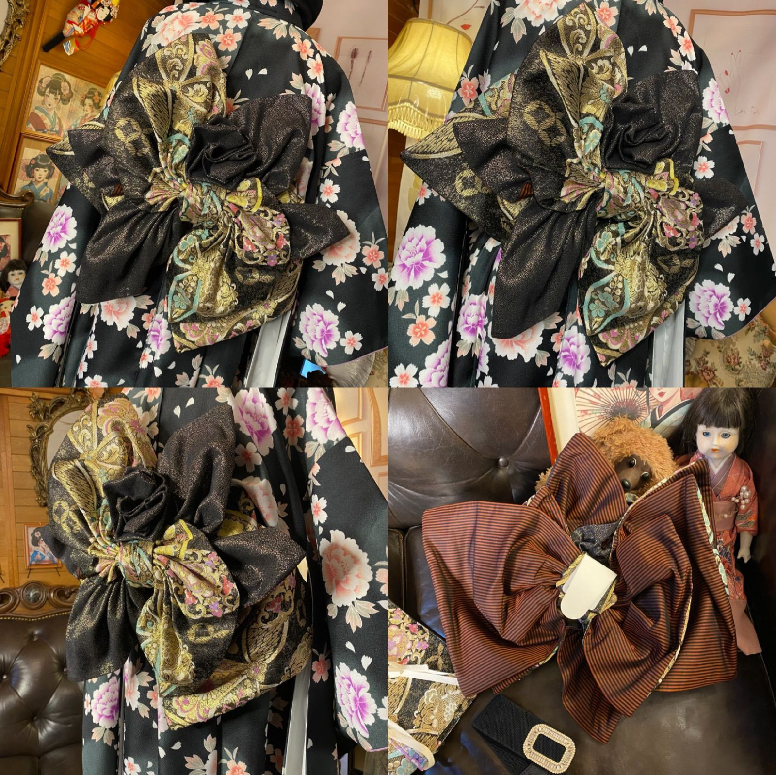 振袖 着物 ロングワンピース ドレス 2部式ローズ/バラ作り帯 リメイク 洗える 化繊 和洋折衷 FKW-43