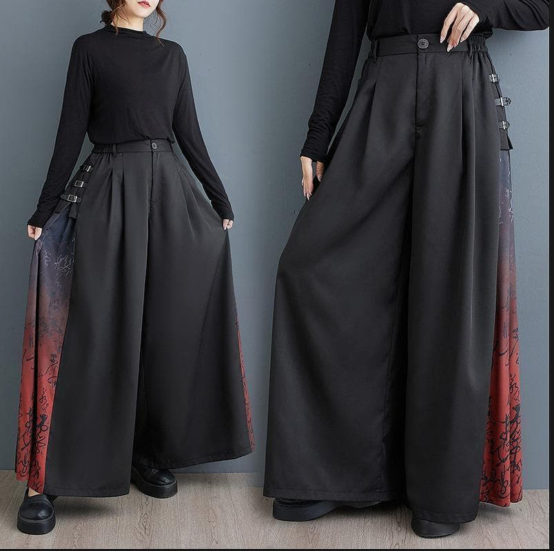 新品 大きいサイズ 黒と赤のグラデーション ワイドパンツ夏秋ゆったりレディースj