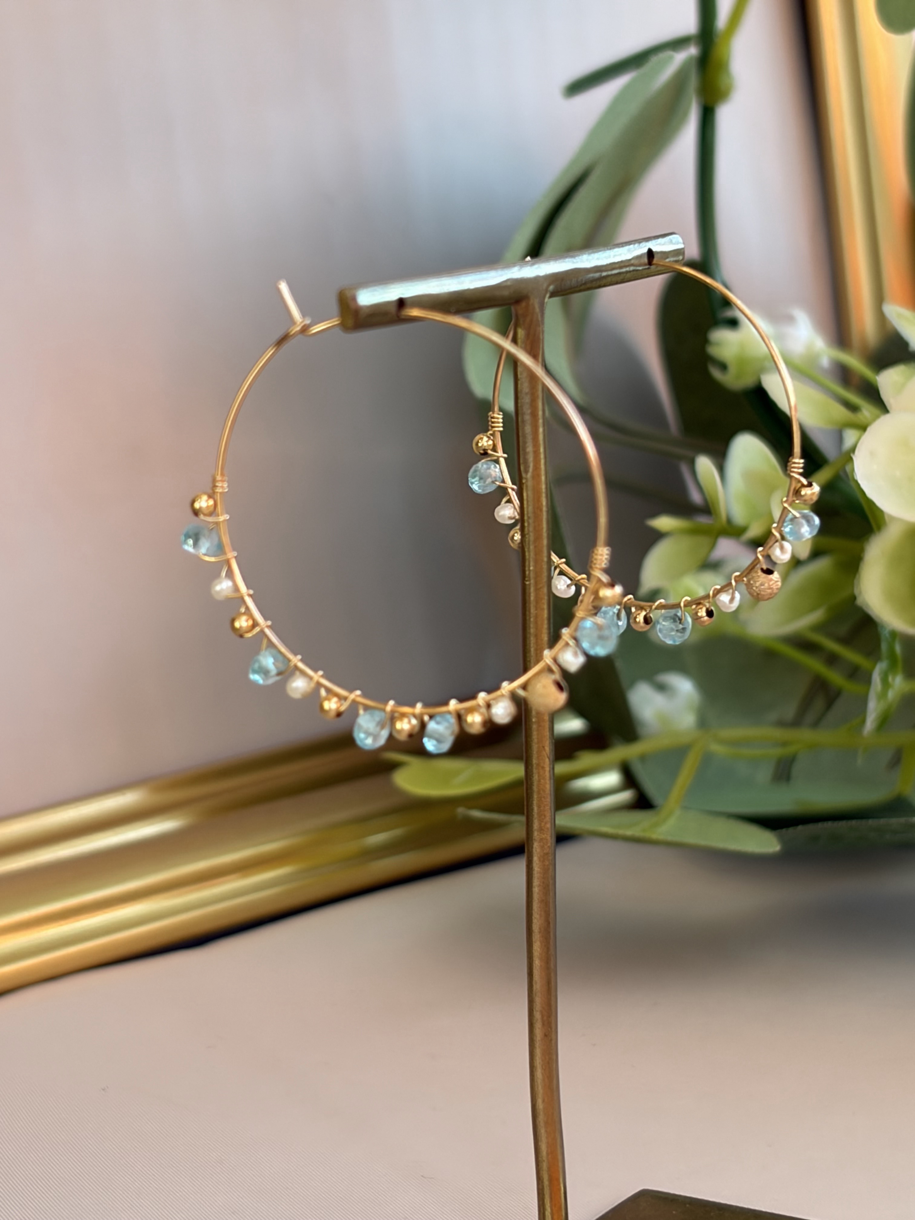 14kgf ブルーアパタイト　淡水パール　フープピアス　大人　可愛い　アレルギー対応　ご褒美　　天然石　大人コーデ 5,998円