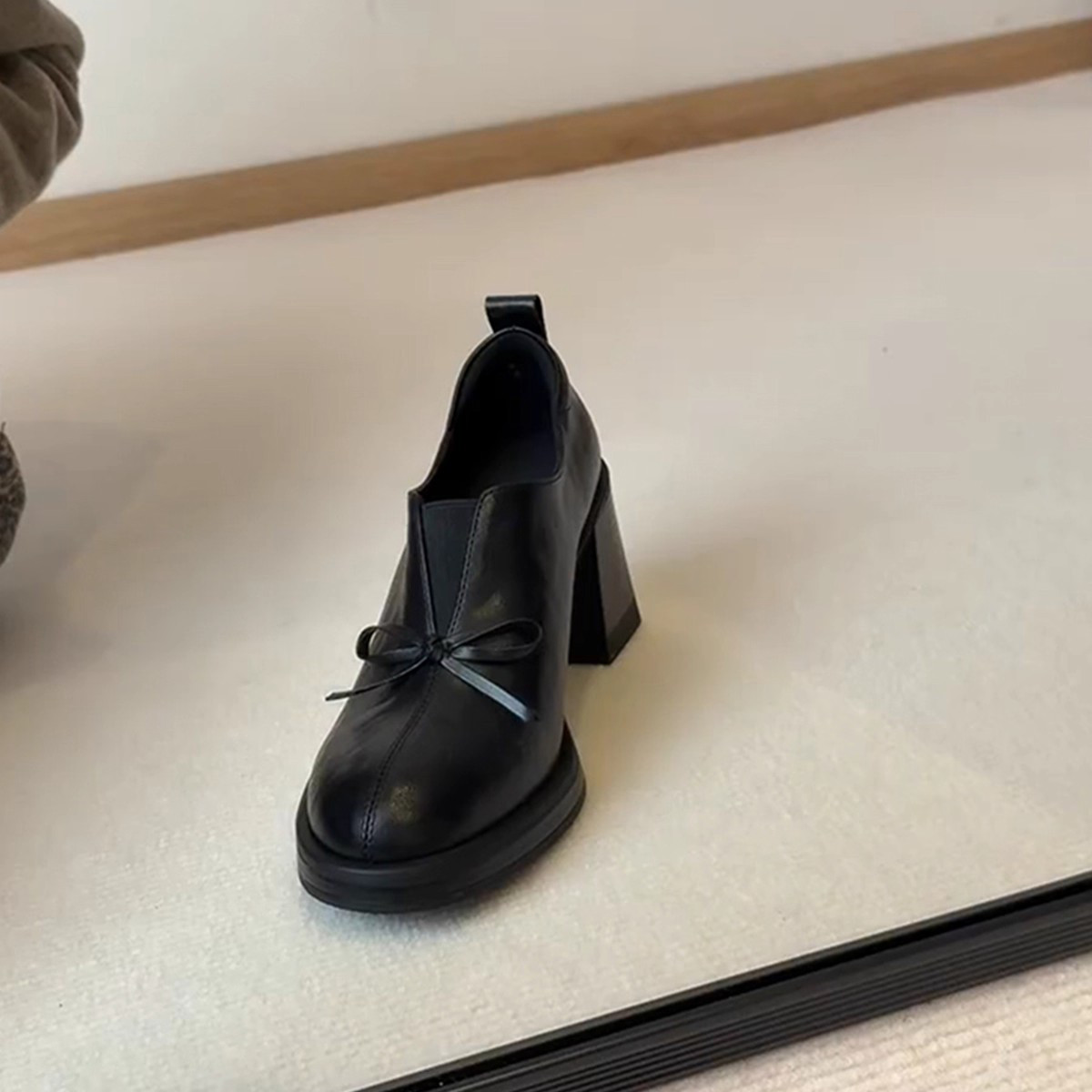 リボン付き スイークールローファー ラウンドトゥハイヒール スリッポン22.5-25cm#1301