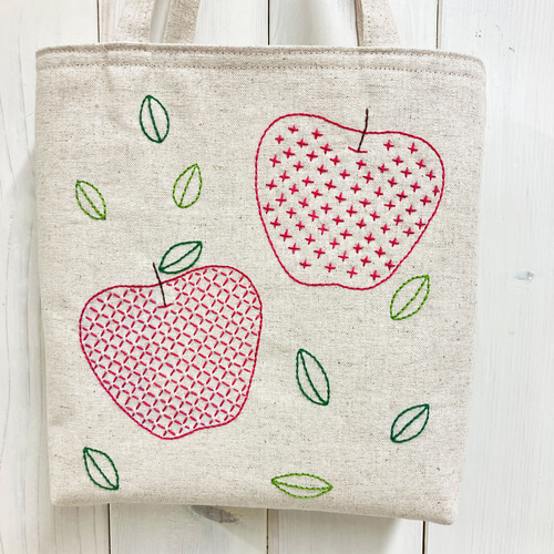 ワンマイルmini【りんご2つ チクチク&十字】 刺し子・綿麻・帆布