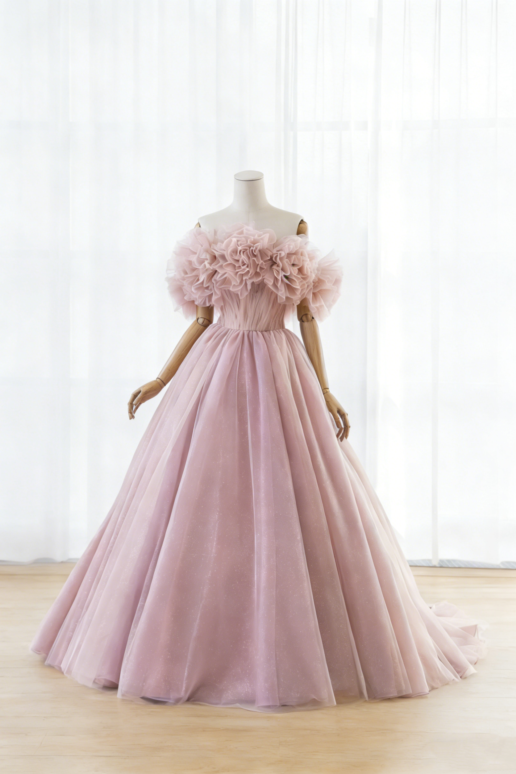 送料無料！カラードレス 取り外し可能なオフショルダー  キラキラグリッターチュール ピンク ロング 結婚式/披露宴