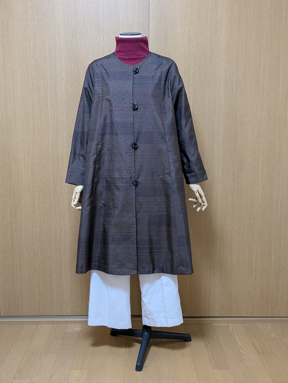 着物リメイク ノーカラーコート 紬 フリーサイズ スプリングコート