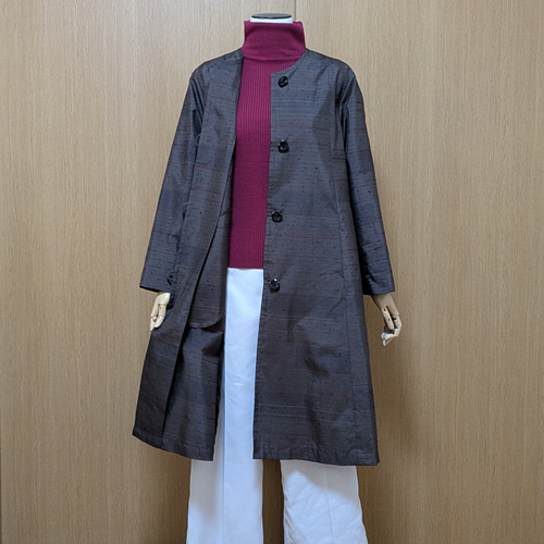 着物リメイク ノーカラーコート 紬 フリーサイズ スプリングコート