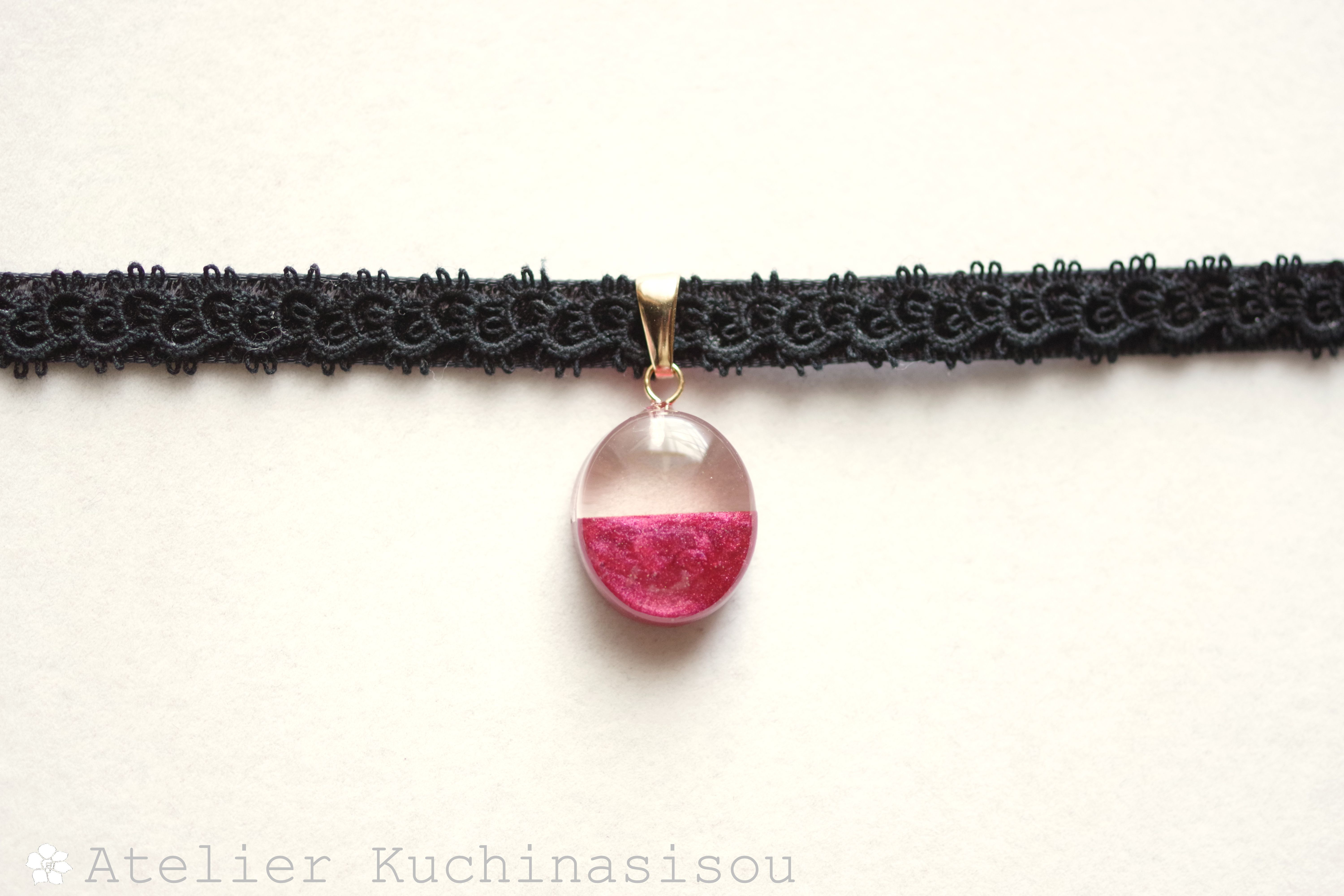 【受注製作】レジンアート　オーバルモチーフとタティングレースとベルベットリボンのチョーカー〈カメリア〉