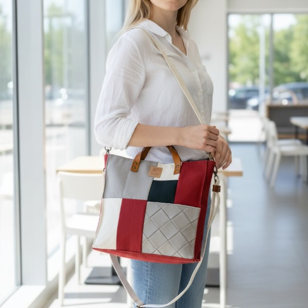編み込んだ帆布がアクセント‼︎ 帆布パッチワークスクエア2wayトートバッグ　gray X red